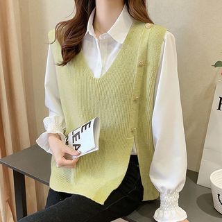 Autunno - V-Neck Button Accent Plain Slit Sweater Vest | YesStyle
