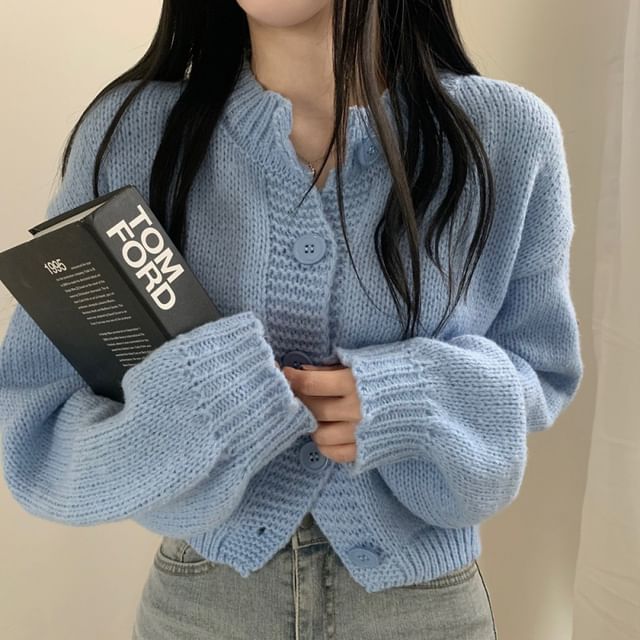 Essere-Round Neck Plain Cardigan