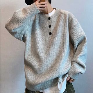 Zentrus-Drop Shoulder Henley Neck Plain Ribbed Knit Sweater