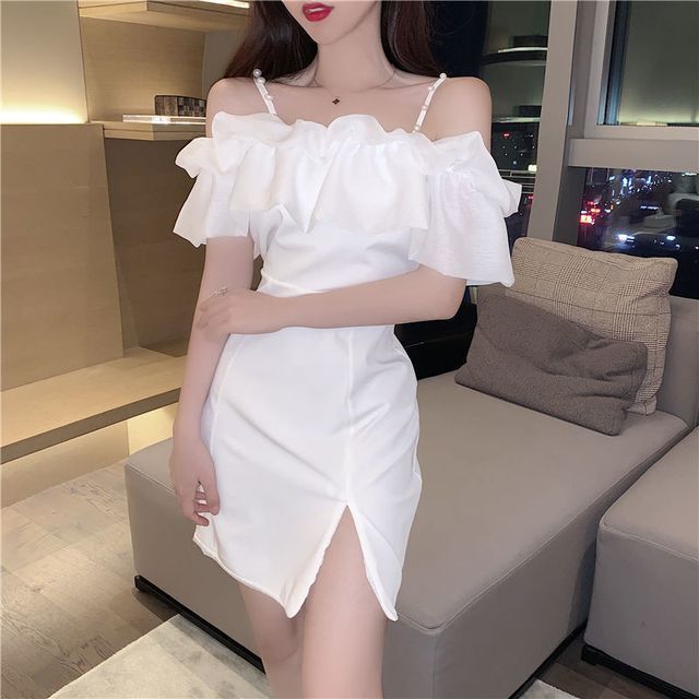 sachin and babi light blue dress Off-Shoulder Ruffle Trim Belted Dress in White main image 1