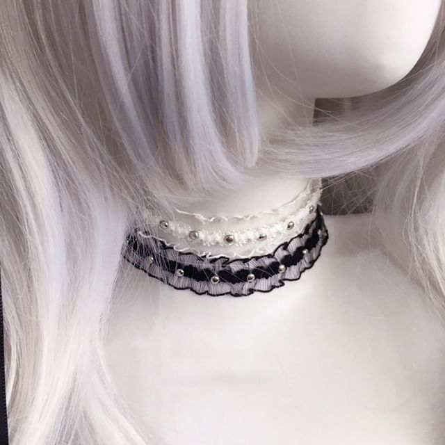 Drexxiax-Beaded Ruffled Lace Choker