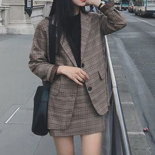 KiTi Plaid Button Up Blazer Mini A Line Skirt