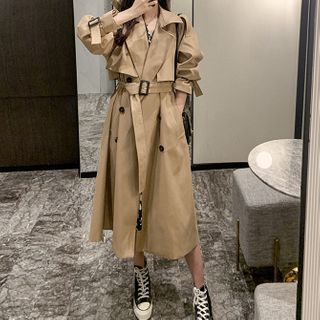 addictedbespoken Women's Double Breasted Long Trench Coat