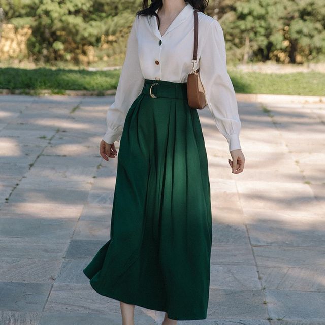 Wapiti Set: Long-Sleeve V-Neck Plain Blouse High Waist Midi A