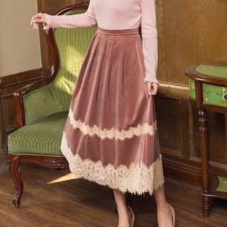burgundy velvet lace panel midi dress