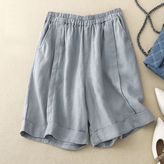 Supernova-Elastic Waist Plain Roll Up Hem Shorts