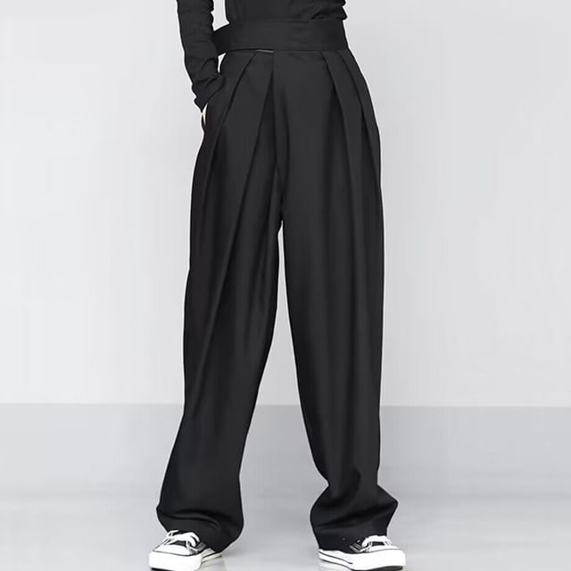 JUN-LEE-High Rise Plain Loose Fit Pants
