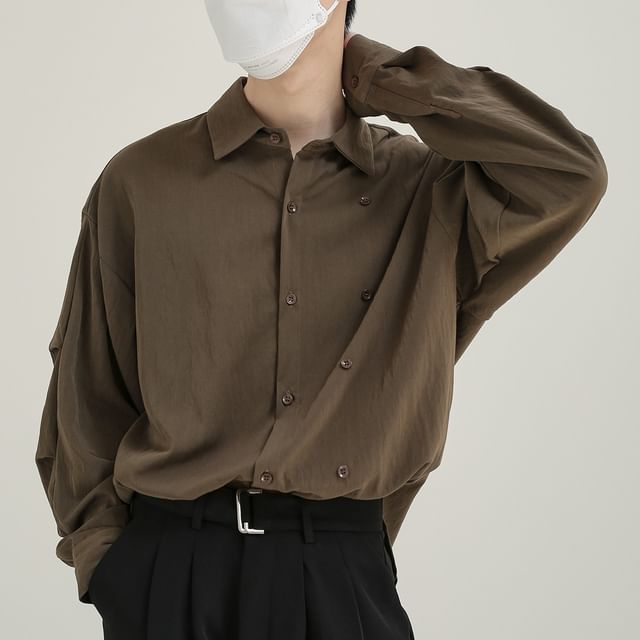 DAZO Studios-Long-Sleeve Plain Button-Up Shirt