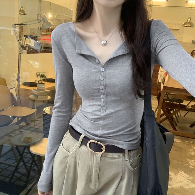 Sienne-Long-Sleeve Half Buttoned Plain Top
