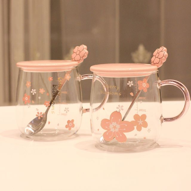 Forsetti Set Flower Glass Mug + Lid + Stainless Steel Spoon YesStyle
