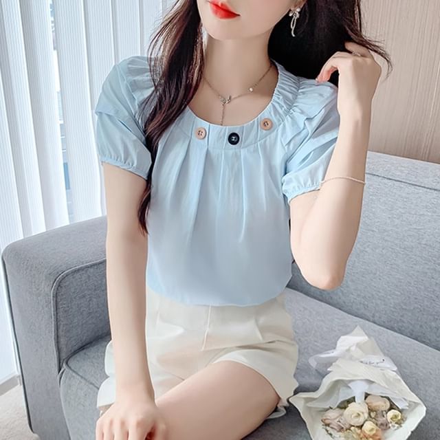 Dragan Pulse-Puff-Sleeve Crew Neck Plain Button Accent Ruched Blouse