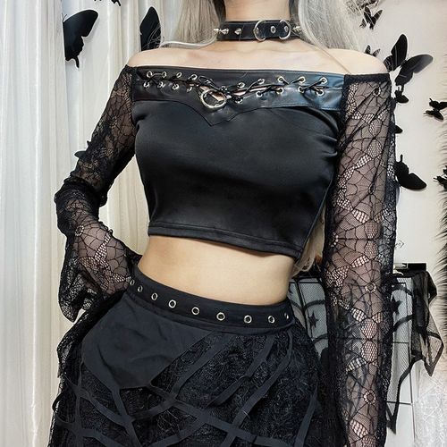 Bell-Sleeve Off-Shoulder Lace Panel Cropped T-Shirt