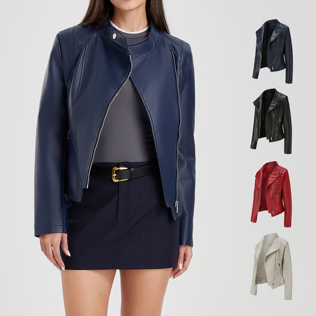 JVL-Stand Collar Plain Zip-Up Faux Leather Jacket