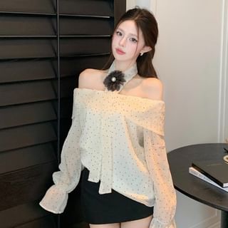 Whoosh-Puff-Sleeve Off-Shoulder Dotted Blouse