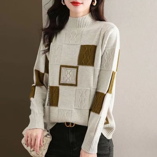 Everose-Mock Neck Color Block Sweater
