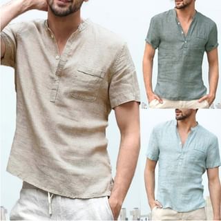Blueforce-Short-Sleeve Band Collar Plain Shirt