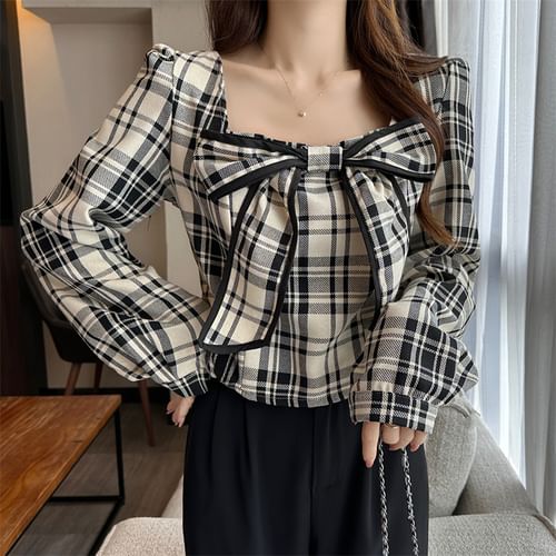 Long-Sleeve Square Neck Ribbon Accent Plaid Blouse