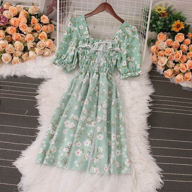 Knutsford PuffSleeve SquareNeck Floral Print Shirred Mini ALine