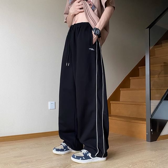 Trimecca-Drawstring Waist Striped Wide Leg Pants
