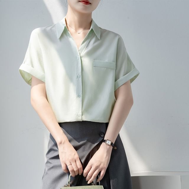 INEN-Short Sleeve Collared Plain Shirt