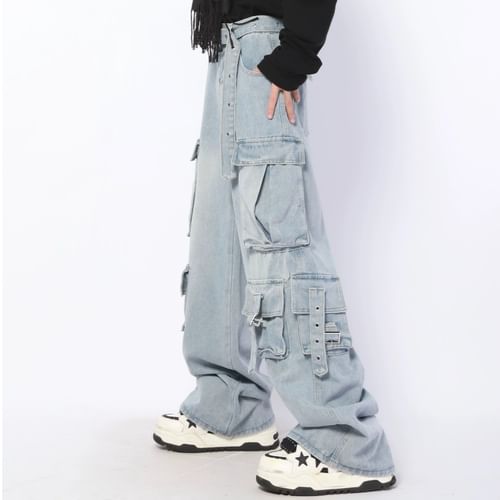 Mid Rise Washed Buckled Wide Leg Cargo Jeans