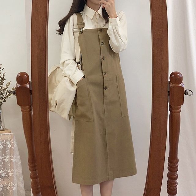 beige overall dress Oddi Colored Denim and Striped Overall Dress in Washed Taupe 3XL main image 1