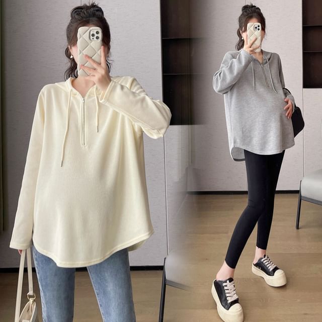 NEUF-Maternity Long-Sleeve Drawstring Hooded Half-Zip Tee