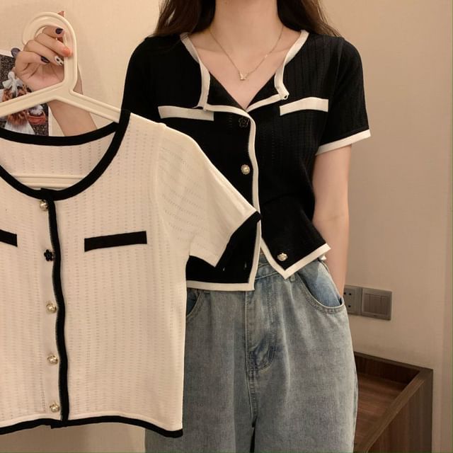 Sisyphi-Short-Sleeve Contrast Trim Button-Up Knit Top
