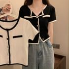 Sisyphi - Short-Sleeve Contrast Trim Button-Up Knit Top | YesStyle