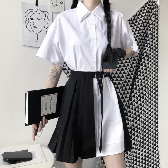 Giuliana - Short-Sleeve Mini Shirtdress / Side-Slit Mini Pleated Skirt ...