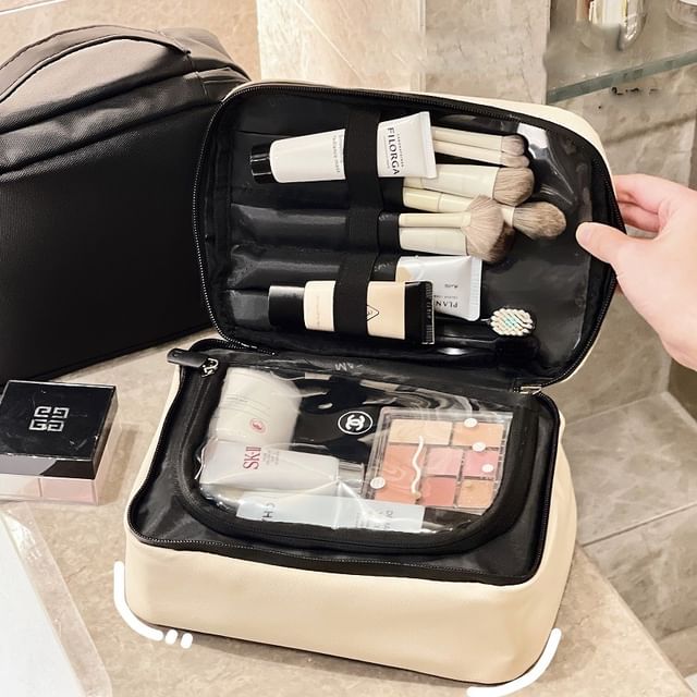 Yunikon Plain Faux Leather Travel Makeup Bag YesStyle