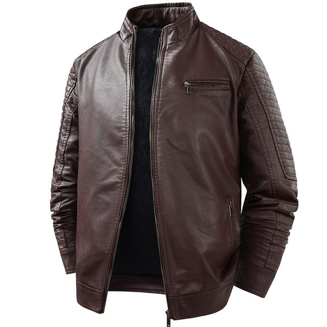 Dandyluxe-Stand Collar Plain Faux Leather Zip Jacket