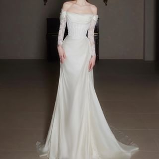 DreesHouse Long-Sleeve Off-Shoulder Lace Panel A-Line Wedding Gown Sale