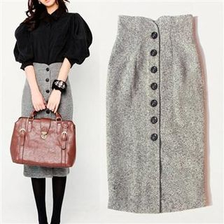 Everose-Single-Breasted Woolen Pencil Skirt