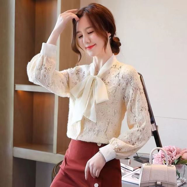 Everose-Long-Sleeve Tie Neck Plain Lace Blouse
