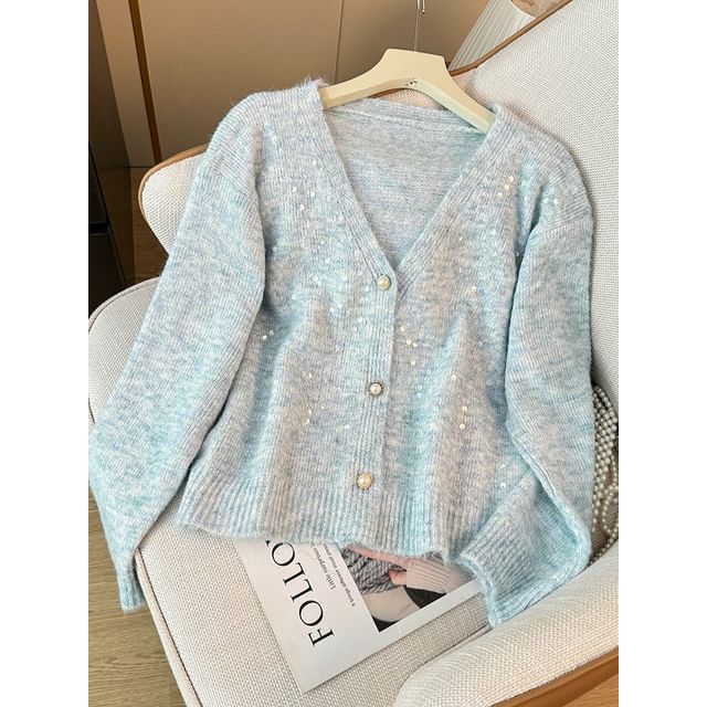 Lemongrass-Sequined V-Neck Cardigan
