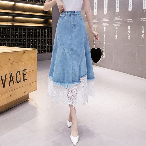 Frigga - High Waist Washed Fray Panel Lace Midi A-Line Denim Frigga - High Waist Washed Fray Panel Lace Midi A-Line Denim