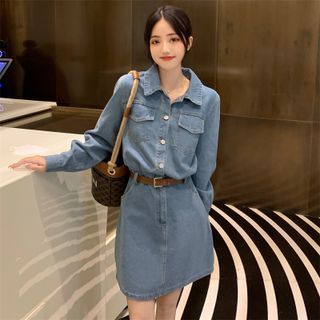 Sienne Long-Sleeve Henley Denim Mini Shirtdress Sale