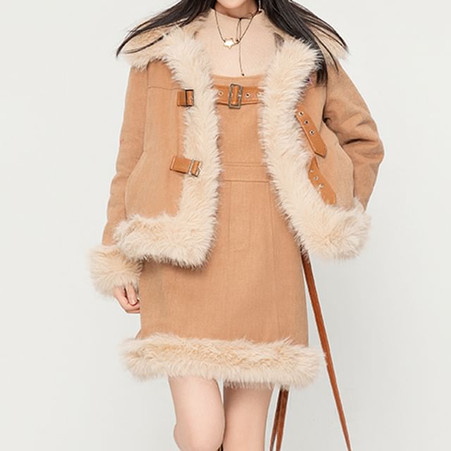 Keiko Girl-Collared Fluffy Trim Buckled Jacket Spaghetti Strap Mini Overall Dress