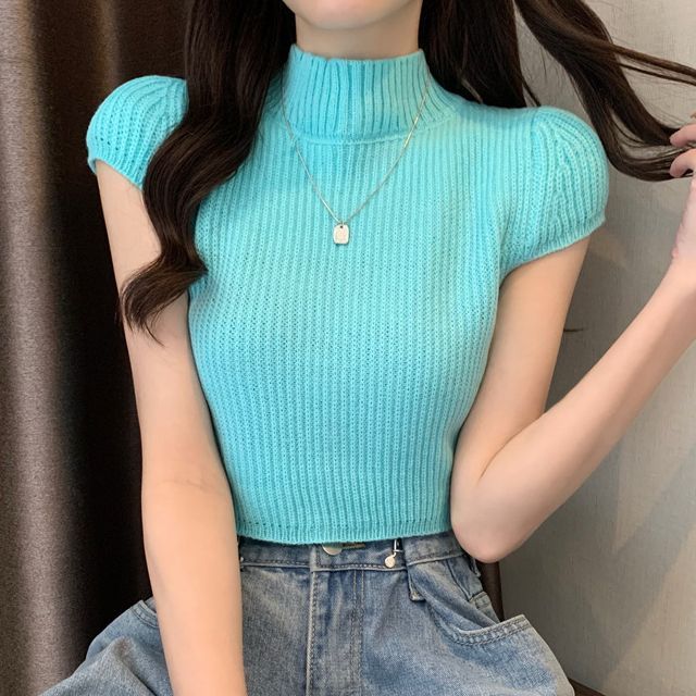 Fonshallaw Short-Sleeve Mock Neck Plain Crop Ribbed Knit Top - Main Image