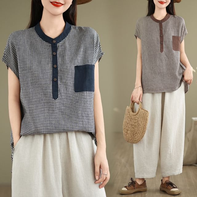 Lewwe-Short-Sleeve Round Neck Gingham Contrast Trim Half-Buttoned Blouse