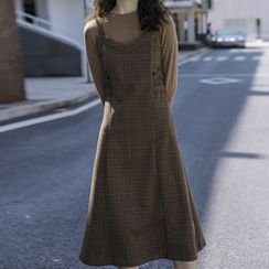 Steeria - Set: Long-Sleeve T-Shirt + Plaid Midi Overall Dress