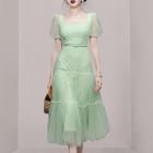 Aurora - Puff Short-Sleeve Square Neck Plain Sheer Panel Midi A-Line Dress | YesStyle