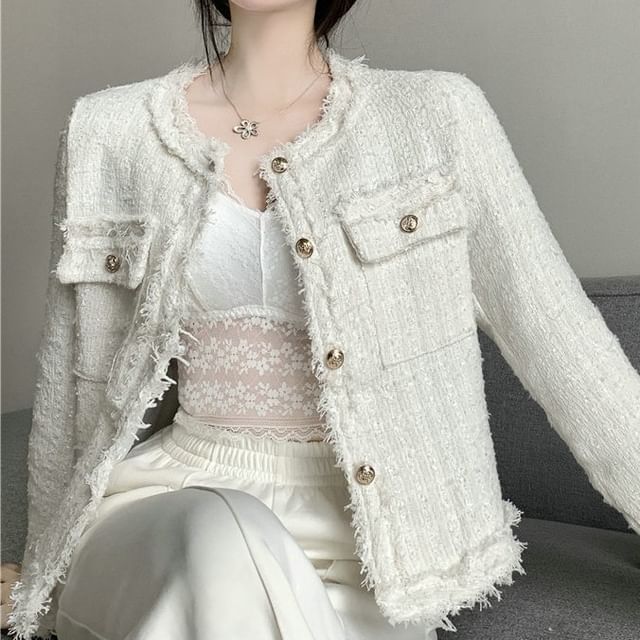 Cloud Nine-Round Neck Fringed Tweed Button Jacket