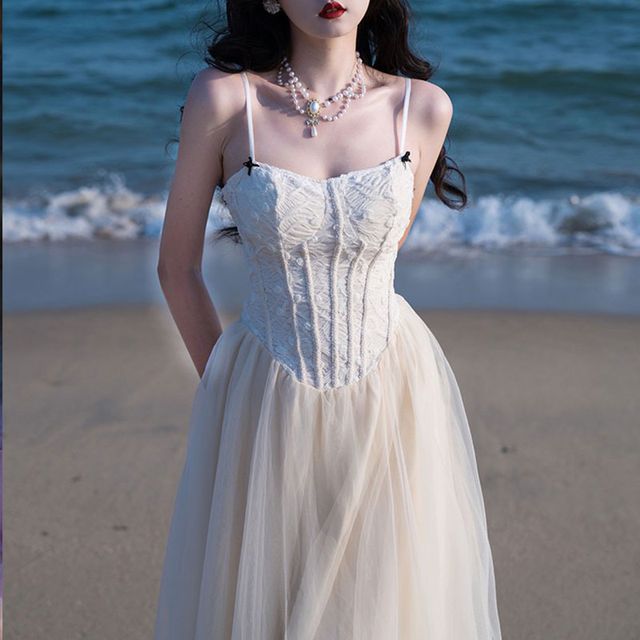 HW Studio - Spaghetti Strap Bow Mesh Panel Midi A-Line Corset Dress |  YesStyle