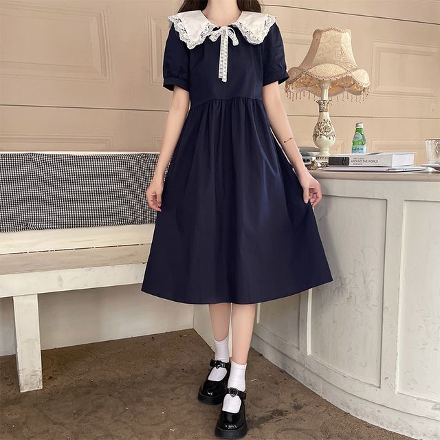 ZENME - Short-Sleeve Contrast Collar Lace Trim A-Line Dress | YesStyle