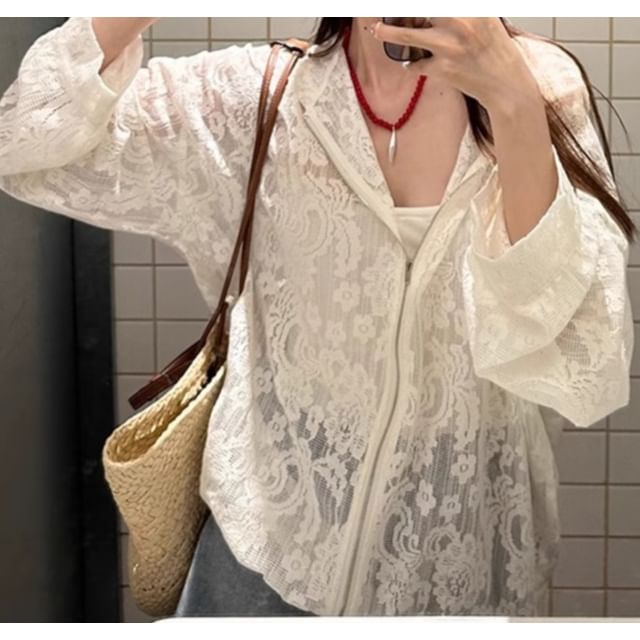 Dreamkura-Plain Hooded Zip-Up Lace Light Jacket