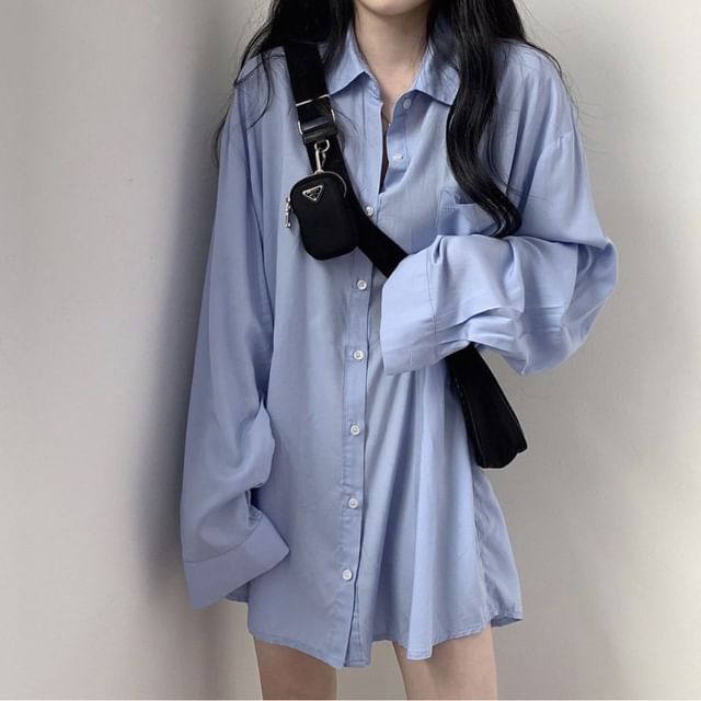 Cossita-Long Sleeve Collared Plain Oversized Shirt