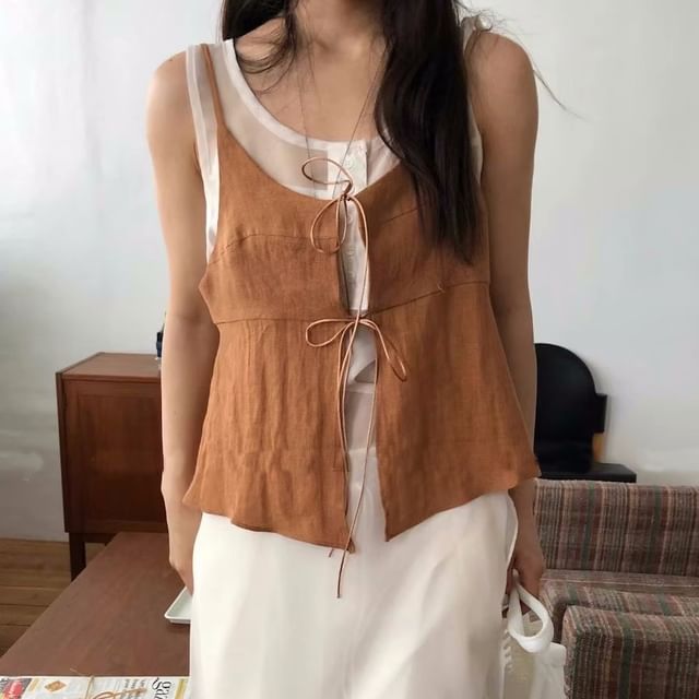 Jesong-V-Neck Plain Tie Front Cami Top