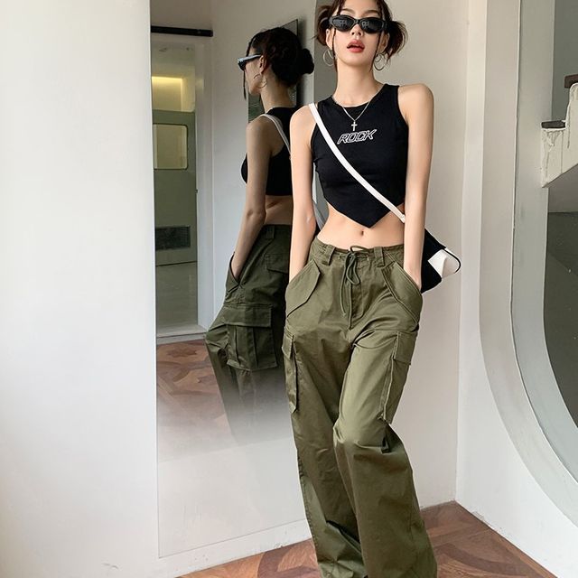 Guromo - Letter Cropped Tank Top / High-Waist Cargo Straight-Cut Pants ...